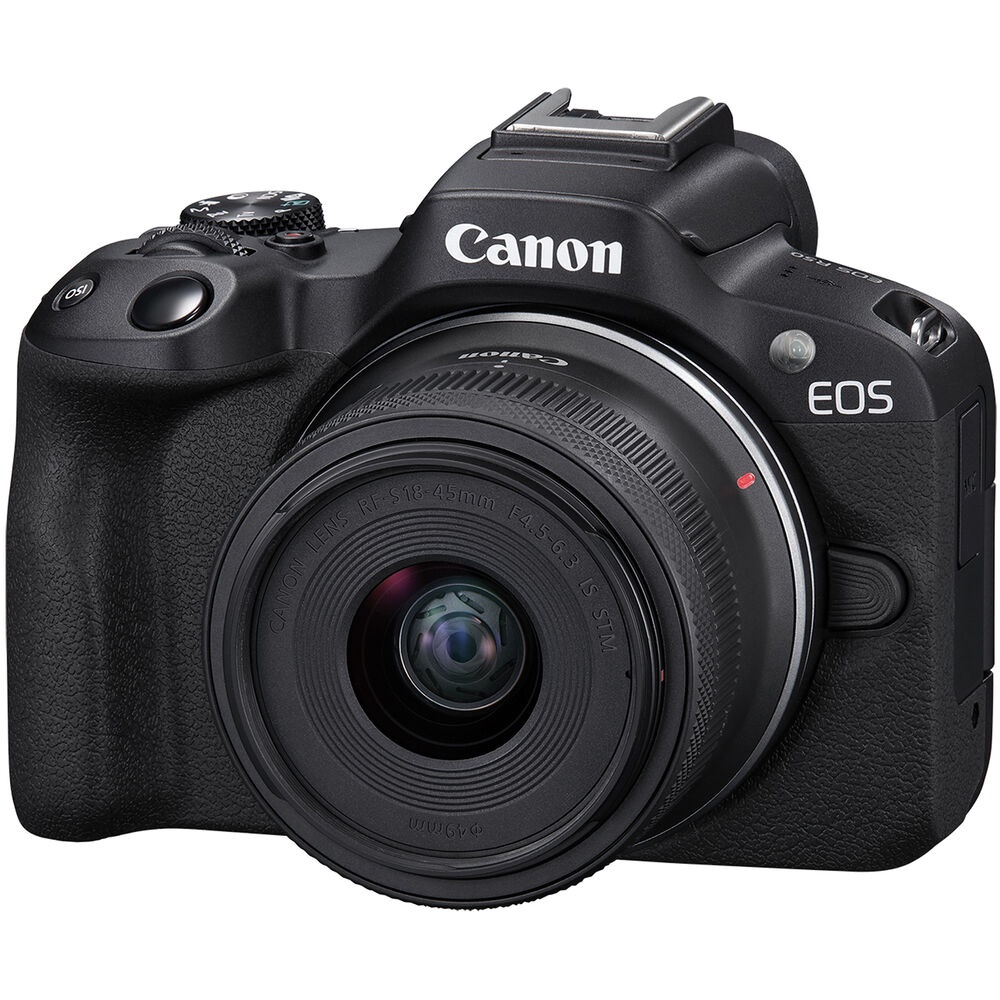 Canon EOS R50 Mirrorless Camera with RF-S 18-45mm lens front view on pure white background